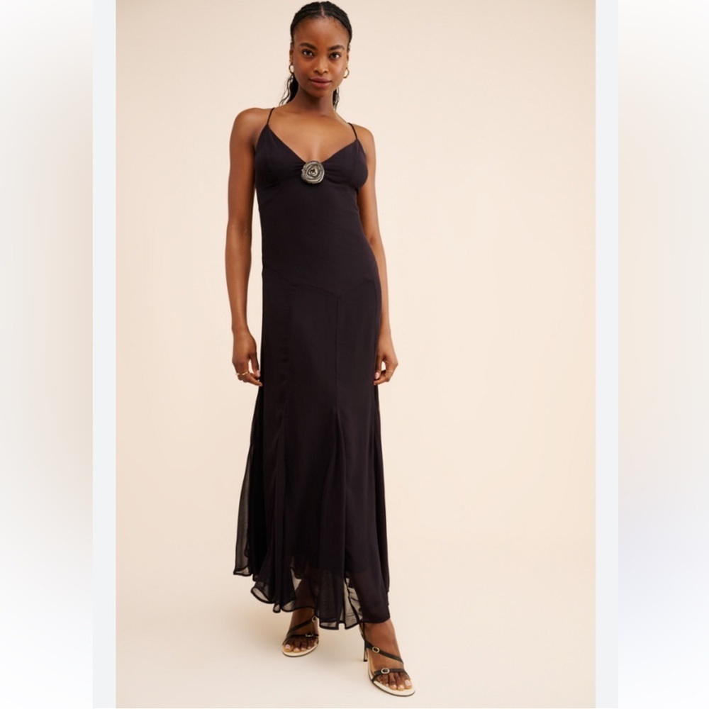 Free People Black Maxi Slip Dress with Rosette Accent